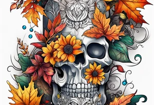 Full arm sleeve with fall colors, flowers, water, leaves and various shapes tattoo idea
