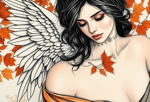 Alfons Mucha’s angelic woman leaning into autumn winds, dressed in burnt sienna fabrics and surrounded by ochre leaves. tattoo idea