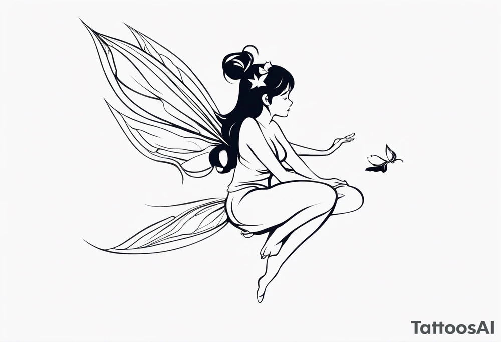 Minimalistic, monochromatic fairy with a tail flying to the left in a fetal position, leaning and looking in the same direction, with visible hands, embodying the 'Fairy Tail' logo aesthetic. tattoo idea