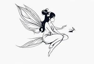 Minimalistic, monochromatic fairy with a tail flying to the left in a fetal position, leaning and looking in the same direction, with visible hands, embodying the 'Fairy Tail' logo aesthetic. tattoo idea