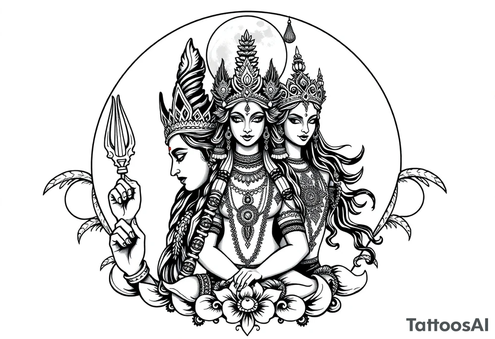 Lord Shiva, Godess Kali, Godess Lilith with the moon phases in the background tattoo idea