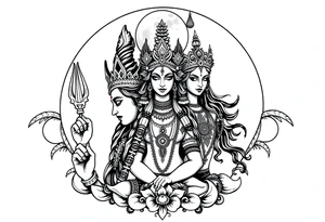 Lord Shiva, Godess Kali, Godess Lilith with the moon phases in the background tattoo idea