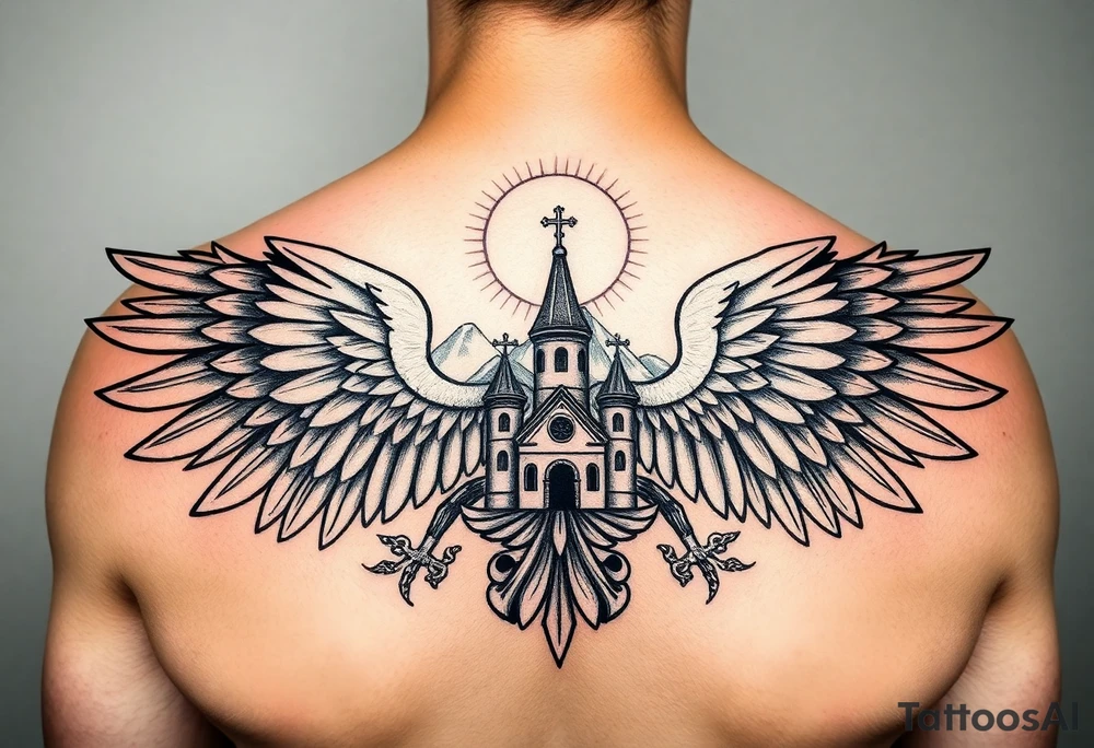 an actual russian coat of arms with the eagles wings spanning out on my back neck across my shoulders / traps with a orthodox christian church being visible in a mountainous sun beaming setting, with the russian orthodox cross spire of the orthodox church being visible on my neck with a sun beaming in the background that the cross sits inside tattoo idea