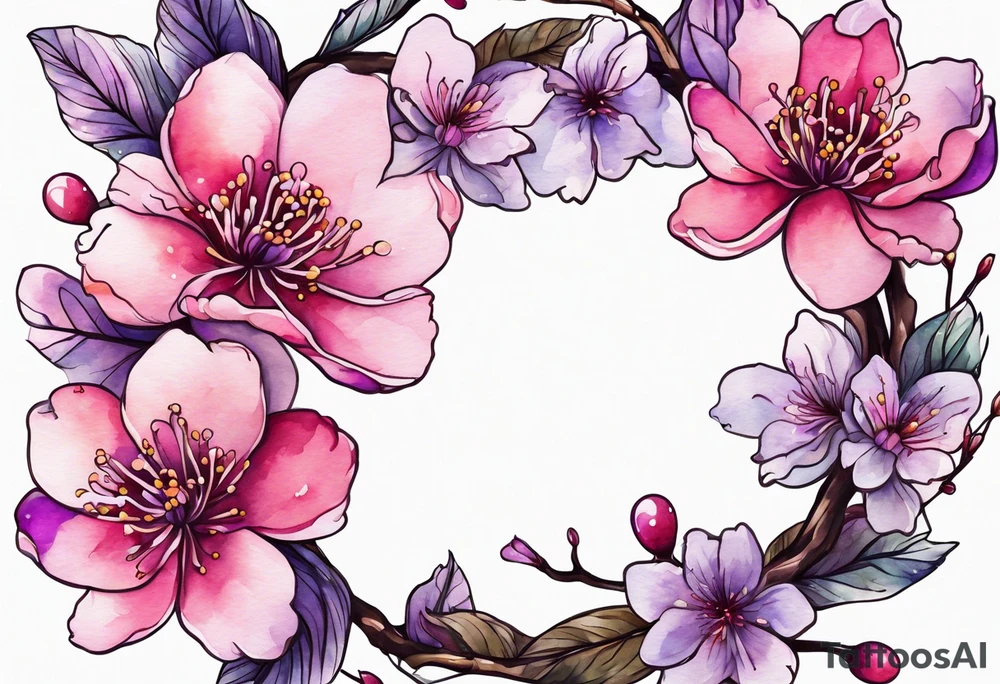 Flower crown pink and purple cherry blossoms tattoo idea