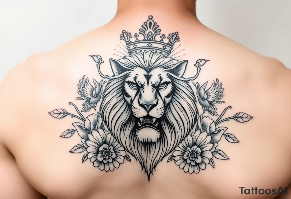 powerful majestic lion with a crown, surrounded by floral ornaments and birds tattoo idea