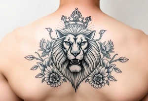 powerful majestic lion with a crown, surrounded by floral ornaments and birds tattoo idea