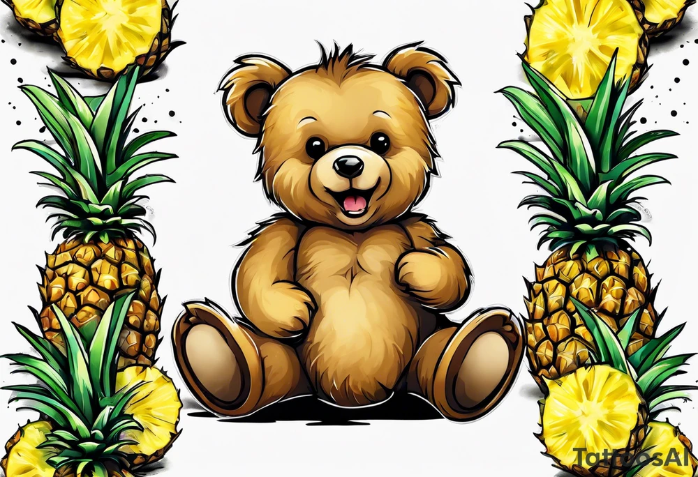 Teddy Bear biting pineapples tattoo idea