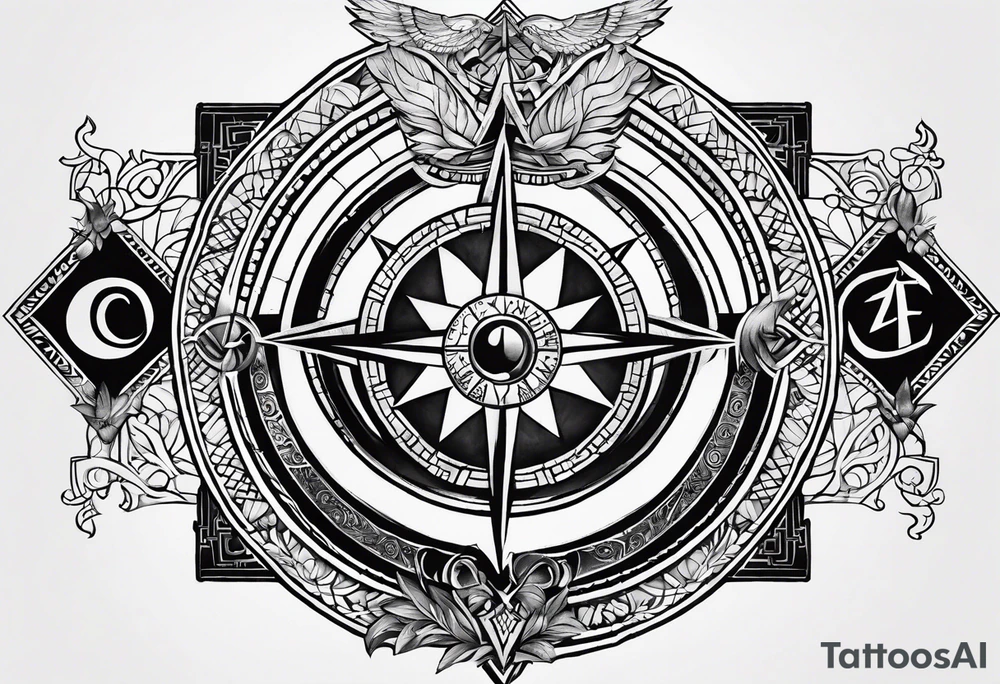 A arm tattoo that consists of a compass, the words seek peace and pursue it, healer symbol, and the eye of Osiris tattoo idea