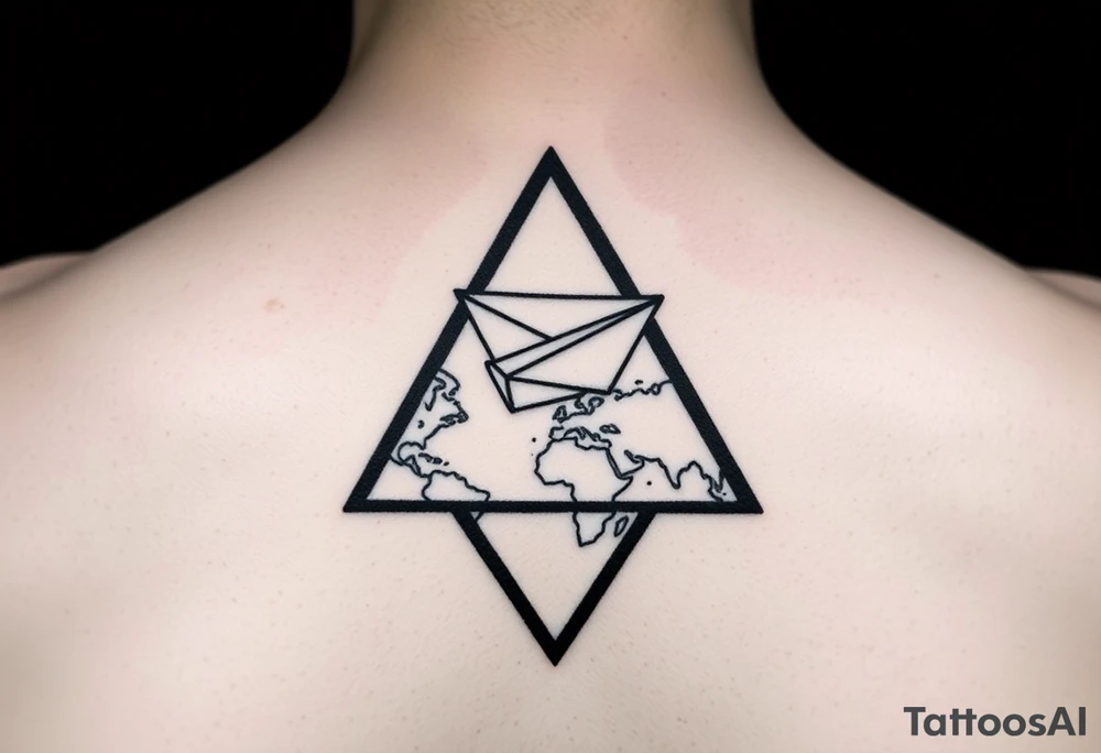 Small geometric triangle with a geometric paper plane with fine thin lines flying around the world with fine thin lines tattoo idea