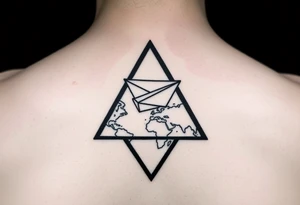 Small geometric triangle with a geometric paper plane with fine thin lines flying around the world with fine thin lines tattoo idea