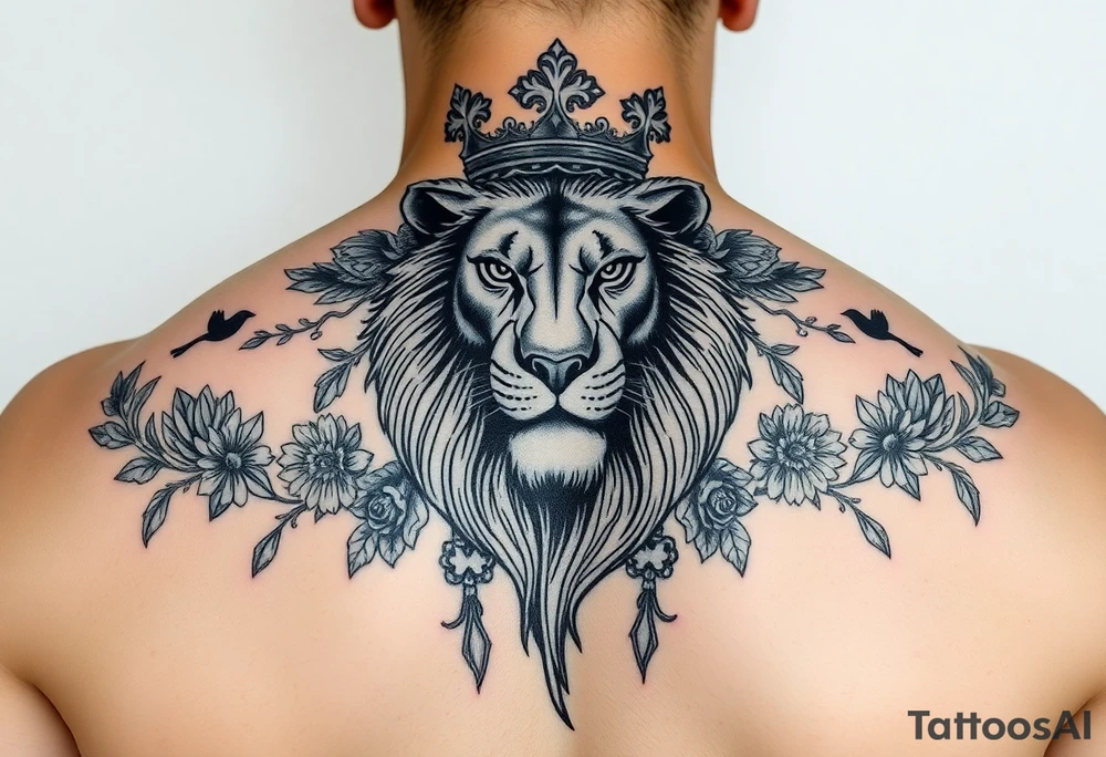 powerful majestic lion with a crown, surrounded by floral ornaments and birds tattoo idea