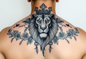 powerful majestic lion with a crown, surrounded by floral ornaments and birds tattoo idea