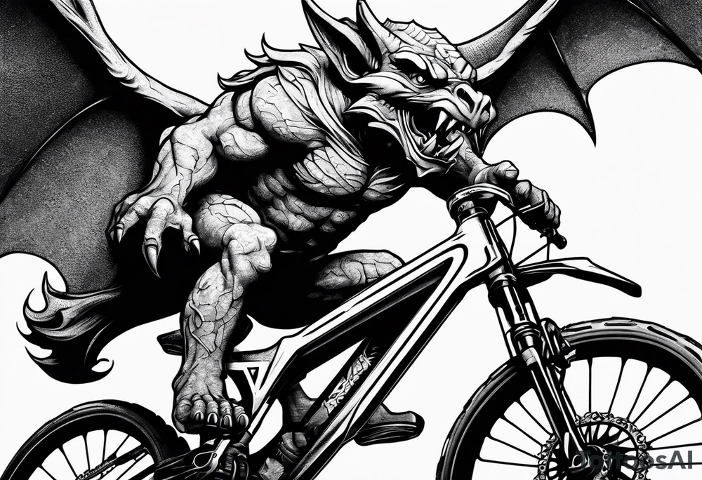 Gothic gargoyle riding a full suspension mountain bike tattoo idea