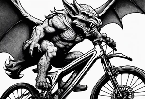 Gothic gargoyle riding a full suspension mountain bike tattoo idea