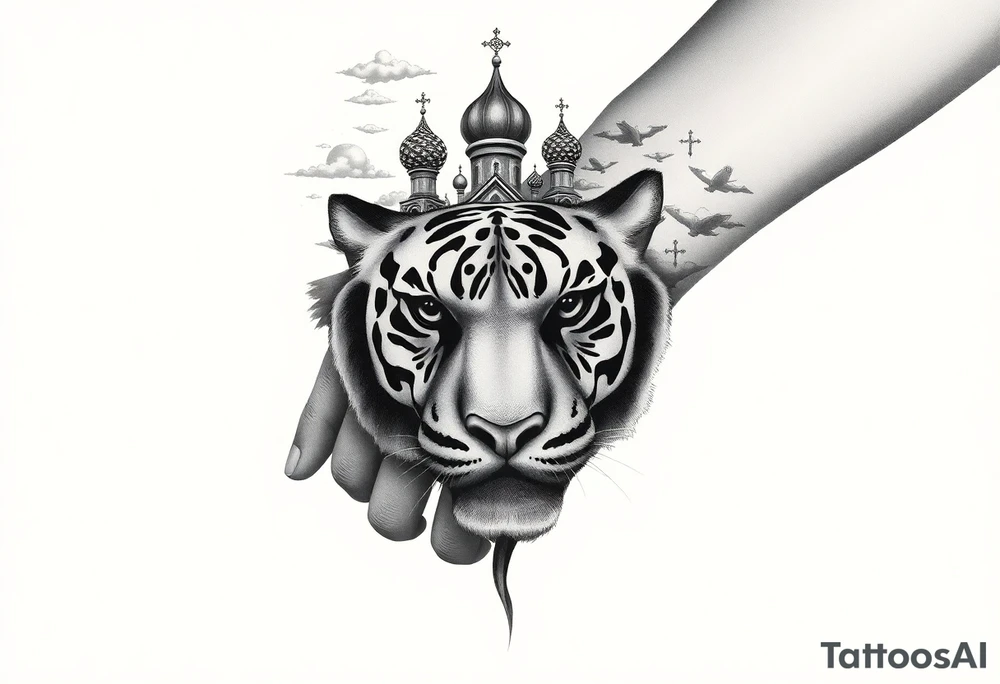 Realistic relic style tiger face on the back of the hand with strong contrast and fine detail with its eyes completely black. with a highly detailed Russian Orthodox cathedral sitting above on fore arm with onion domes and orthodox crosses, done in fine line, engraving-like style. Cohesive composition, black ink only, no color, high contrast, slightly aged, documentary-style, plain light background. with clouds above and a virgin mary 
spanning from my hand to lower fore arm tattoo idea