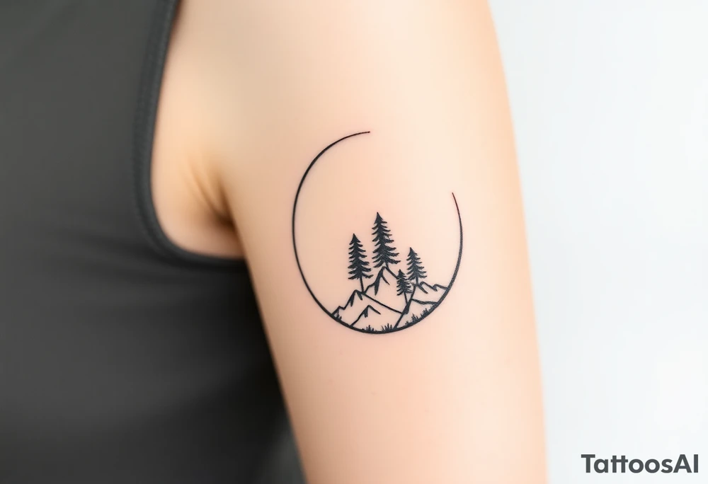 A thin, vertical crescent moon with tiny pine trees growing along its inner curve, reaching upward. At the base of the crescent, a minimalist mountain range emerges, seamlessly blending into the trees. tattoo idea
