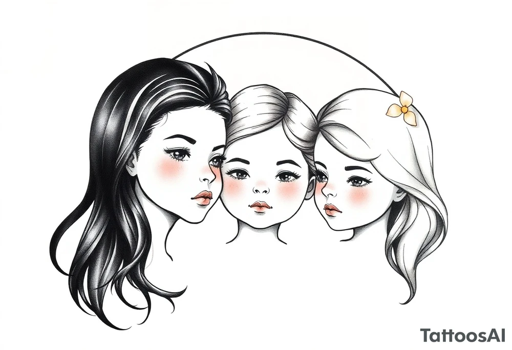 3 petites filles ( une cheveux noir et deux blondes)
sous un arc en ciel incomplet tattoo idea