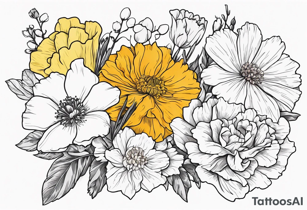 Bouquet of flowers with Two carnations, Two daffodils, One snowdrop, One hawthorn flower, Two honeysuckle blooms, One rose, One chrysanthemum, one cosmos, one marigold, one morning glory, one aster tattoo idea
