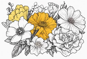 Bouquet of flowers with Two carnations, Two daffodils, One snowdrop, One hawthorn flower, Two honeysuckle blooms, One rose, One chrysanthemum, one cosmos, one marigold, one morning glory, one aster tattoo idea