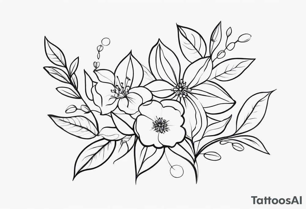 Design a minimalist tattoo featuring a combination of small flowers and leaves, arranged in a graceful, flowing pattern tattoo idea