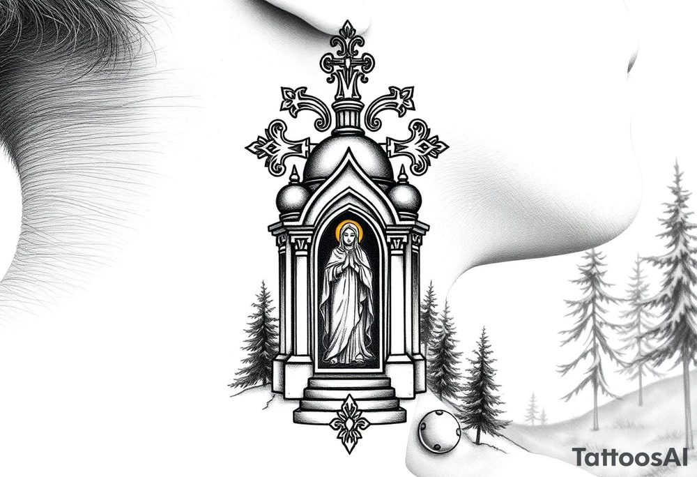 russian coat arms traditional christian orthodox cross with a virgin mary stood in the entrance of a russian orthodox dome church on the side of the neck in a wilderness setting tattoo idea