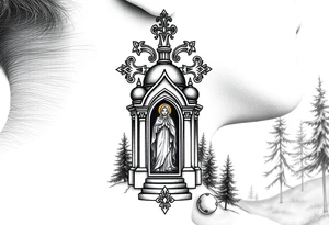 russian coat arms traditional christian orthodox cross with a virgin mary stood in the entrance of a russian orthodox dome church on the side of the neck in a wilderness setting tattoo idea