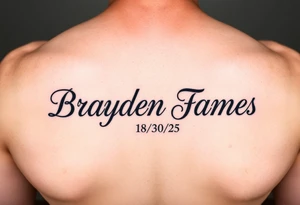Brayden James name tattoo on forearm with dob 08/30/25 mother son dedicated tattoo idea