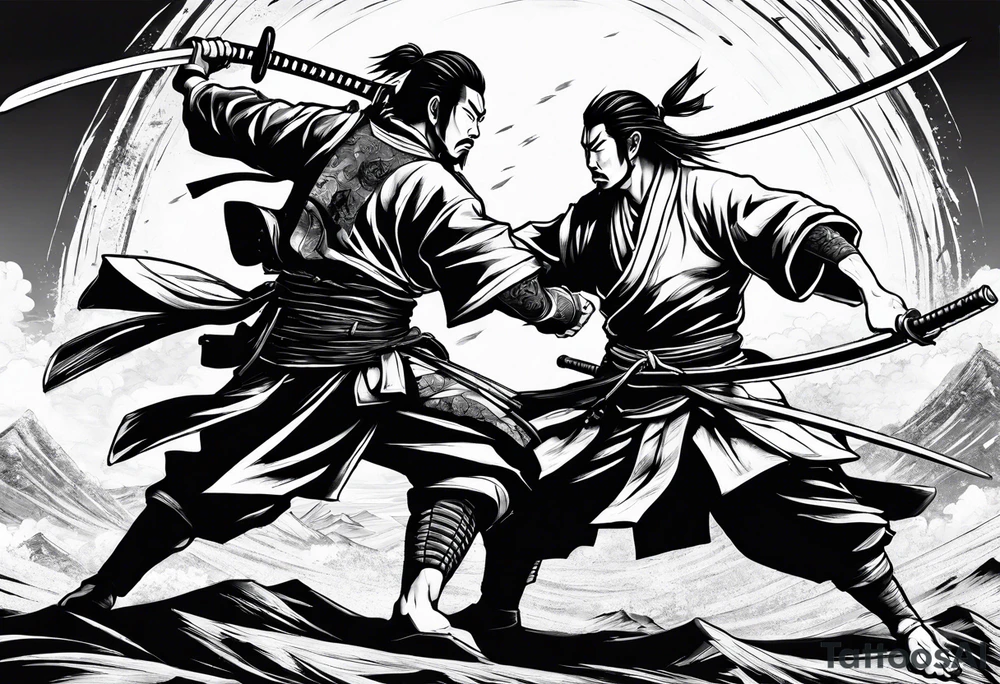 Musashi Miyamoto defeating an enemy samurai in a 1 on 1 duel on a battlefield tattoo idea