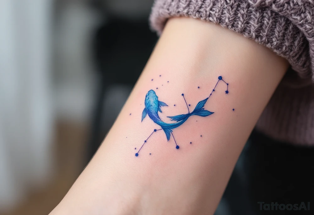A delicate watercolor Pisces constellation tattoo in soft blues and purples symbolizes the dreamy essence of the zodiac sign. tattoo idea