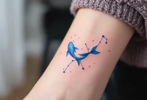 A delicate watercolor Pisces constellation tattoo in soft blues and purples symbolizes the dreamy essence of the zodiac sign. tattoo idea