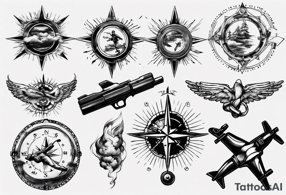 skydiving, shooting guns, compass, adventure tattoo idea