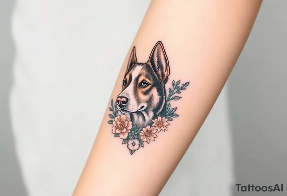 merle austrailian cattle dog with succulents and flowers surrounding his head tattoo idea