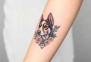 merle austrailian cattle dog with succulents and flowers surrounding his head tattoo idea