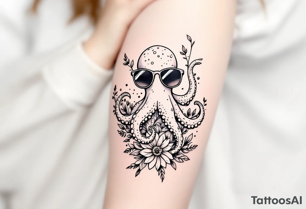 cute octopus, wearing sunglasses, friendly, surrounded by floral ornaments and oceanic items tattoo idea