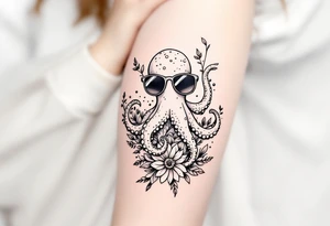 cute octopus, wearing sunglasses, friendly, surrounded by floral ornaments and oceanic items tattoo idea