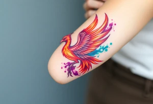 Phoenix with blazing flames with purple, orange, teal and green splashes tattoo idea