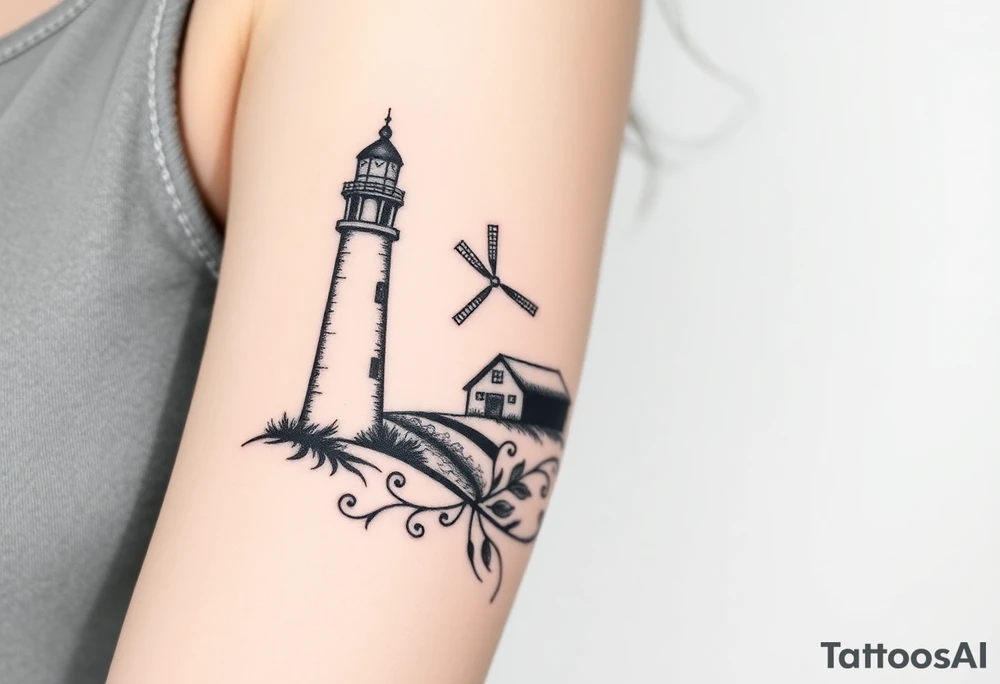 Create imagine with one half of a lighthouse and one half of a farm windmill tattoo idea