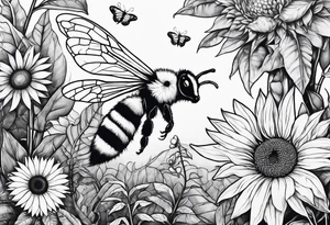 Jungle Scene featuring a bumble bee, a lemur, and a sunflower tattoo idea