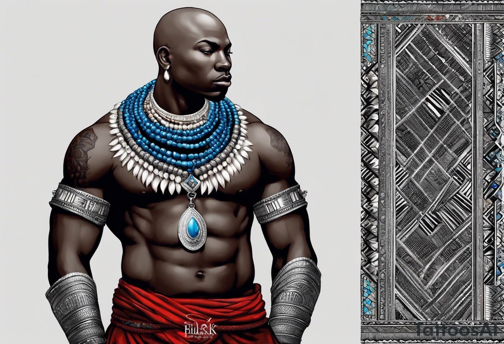Black-skinned bald african warrior. He wears a simple and small silver crown. He uses two simple necklaces: one blue, other red. He has cowry shells in his crown tattoo idea