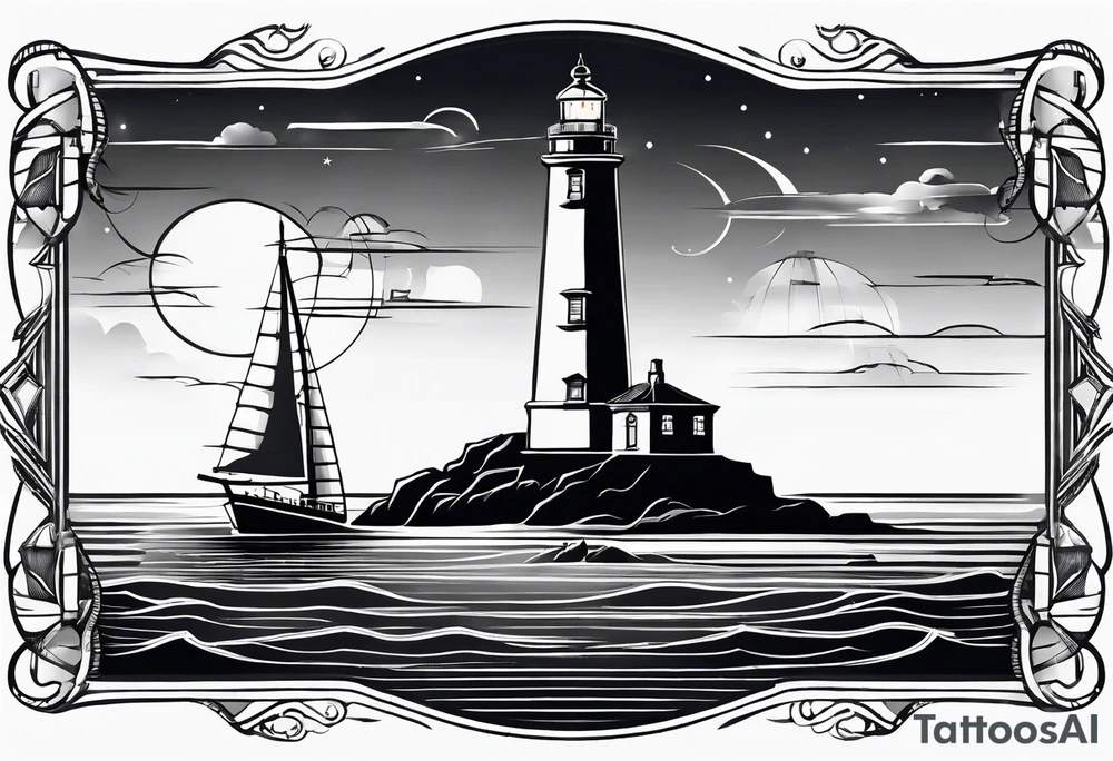 maritime lighthouse in a front view sailboat serving as a mast for a sail. tattoo idea