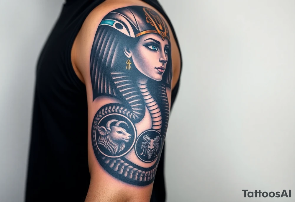 A DSLR photo of a full upper arm tattoo on a man's right arm, from neck to below the elbow. The tattoo shows the Egyptian goddess Renenutet with a serene and powerful female face, shaded with lifelike detail. Her eyes are vivid blue with white highlights. She wears a war crown (Mut or Isis style, with horns and a solar disk), and an ankh on the forehead. Her hair blends into a cobra hood that transitions into the serpent’s body wrapping around the entire arm. The cobra’s scales are deeply shaded black with white edge accents and subtle blue highlights on the back. The body coils protectively around the forearm, encircling three symbols: twin faces (Gemini), a lion’s head in relief (Leo), and a Capricorn with a horned goat and fish tail, each embedded in the snake’s body or stylized medallions. The tattoo glows slightly with white ink accents, giving it a vibrant, almost living presence. Photographed in soft studio lighting to highlight texture and shading, with visible skin grain and depth of ink. tattoo idea
