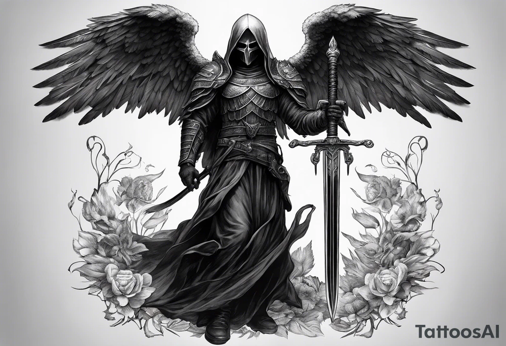 realistic full body of black angel of death, no face, face is not visible, with wings holding one sword in both hands, the sword is held edge toward the ground tattoo idea