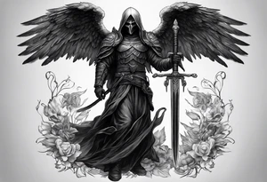 realistic full body of black angel of death, no face, face is not visible, with wings holding one sword in both hands, the sword is held edge toward the ground tattoo idea