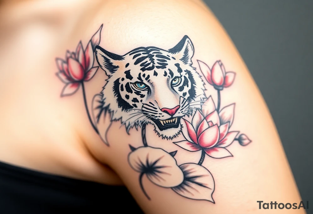 fierce tiger emerging through blooming lotus flowers in mist tattoo idea