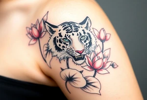 fierce tiger emerging through blooming lotus flowers in mist tattoo idea