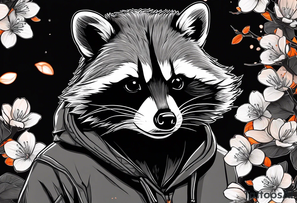 Raccoon wearing a white Superman logo on a black hoodie and orange Japanese cherry blossoms tattoo idea