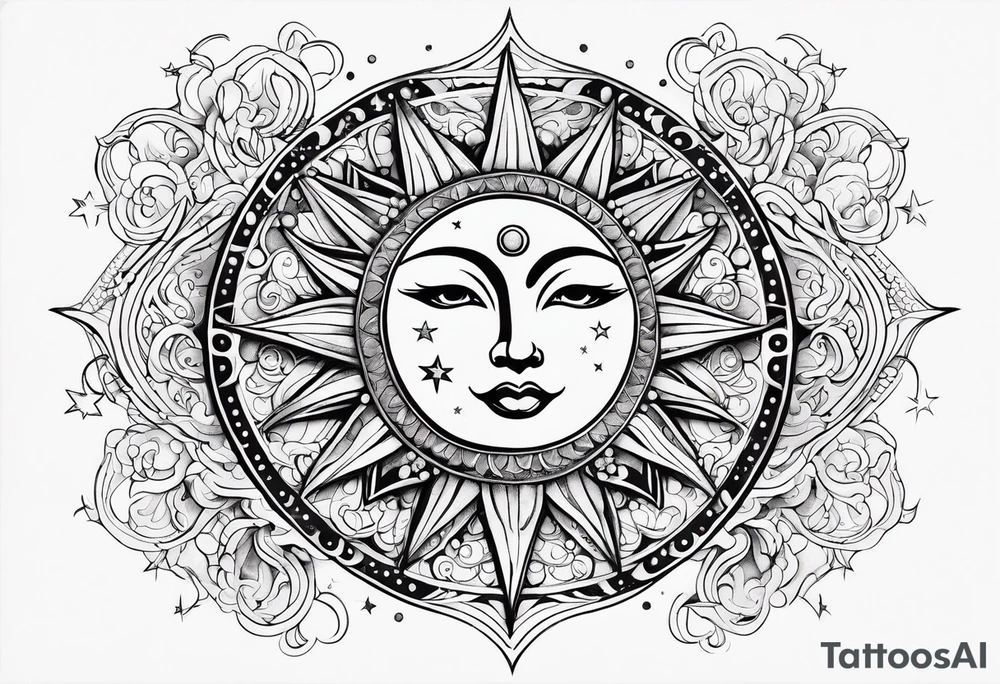 Feminine Sun and moon. long rectangular sternum swirls with dots and stars tattoo idea