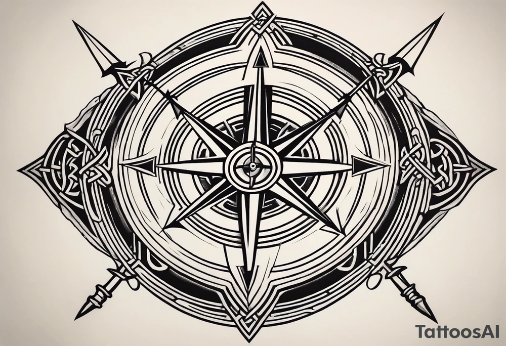 A compass with a labyrinth on the inside and to Celtic swords going through the center of the compass tattoo idea