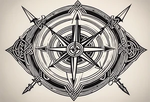 A compass with a labyrinth on the inside and to Celtic swords going through the center of the compass tattoo idea