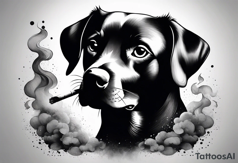 A black and white sketch of a cute dog with large, sad eyes, sitting and smoking a cigarette, with smoke swirling around its head tattoo idea